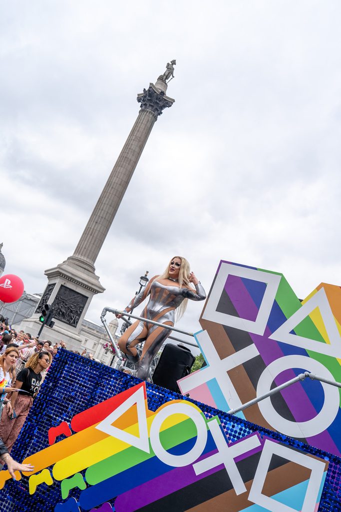 Drag artist on the PlayStation float the London pride parade.