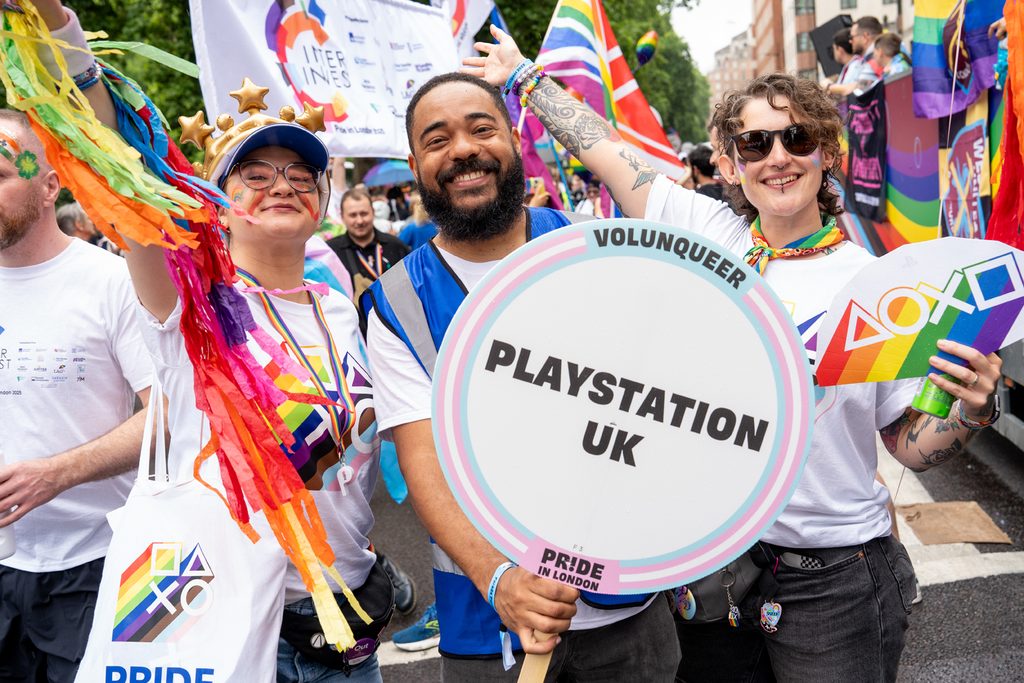 A group photo of London Sony Interactive employees at the London Pride event.