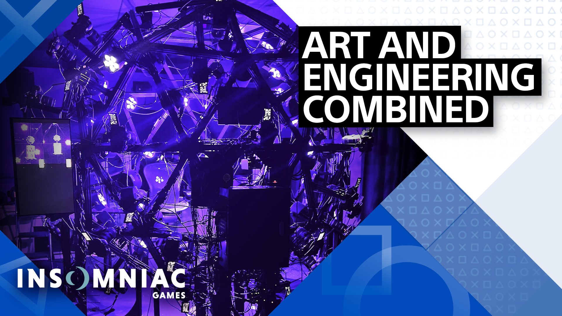 An image of the head and body scanner on a white and blue background with the Insomniac Games logo, and the text "Art and Engineering Combined"