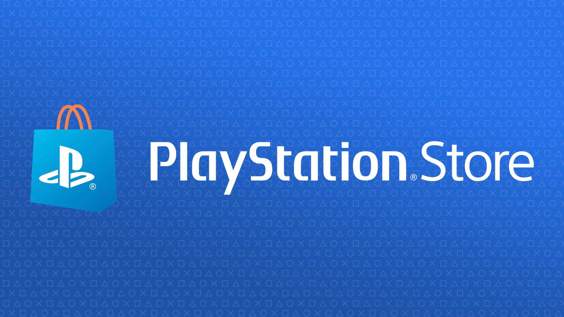 PlayStation Store logo and name on a blue background. The PlayStation shapes are lightly shown in the background in a repeating pattern