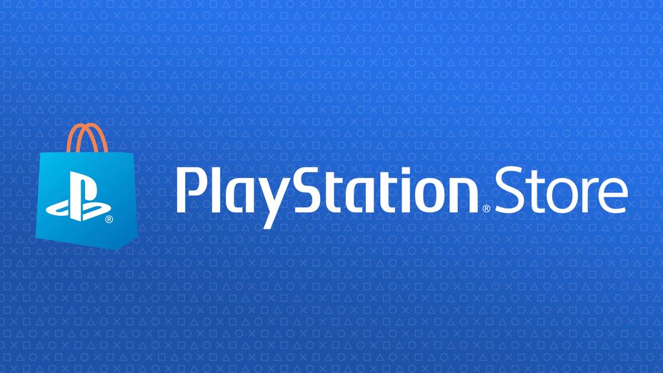 PlayStation Store logo and name on a blue background. The PlayStation shapes are lightly shown in the background in a repeating pattern