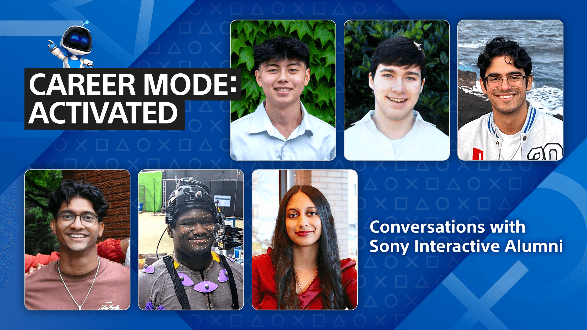 Headshots of five men and one women on a blue background with text Career mode: Activated. Conversation with Sony Interactive Alumni