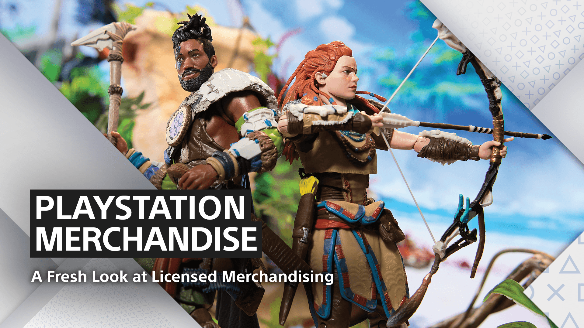 Action figures of game characters from the Horizon series, overlayed with text that reads PlayStation Merchandise A Fresh Look at Licensed Merchandising