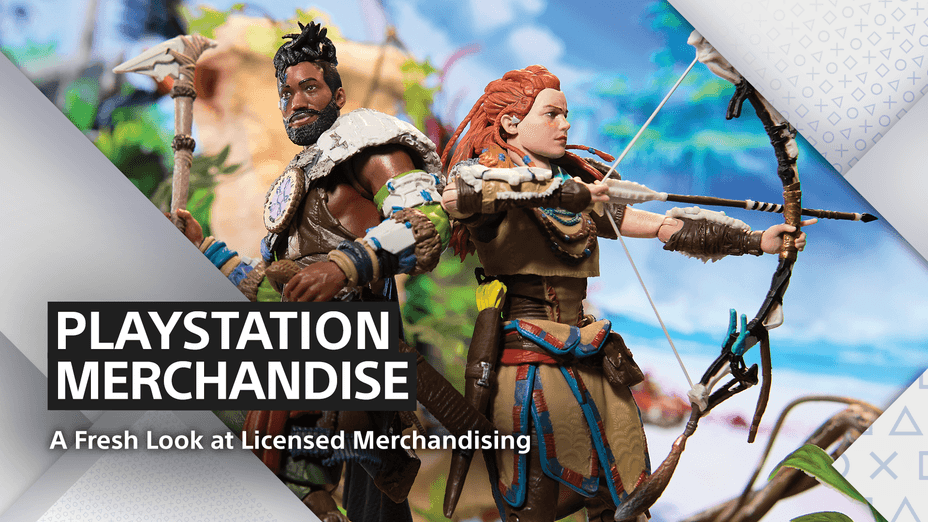 Action figures of game characters from the Horizon series, overlayed with text that reads PlayStation Merchandise A Fresh Look at Licensed Merchandising
