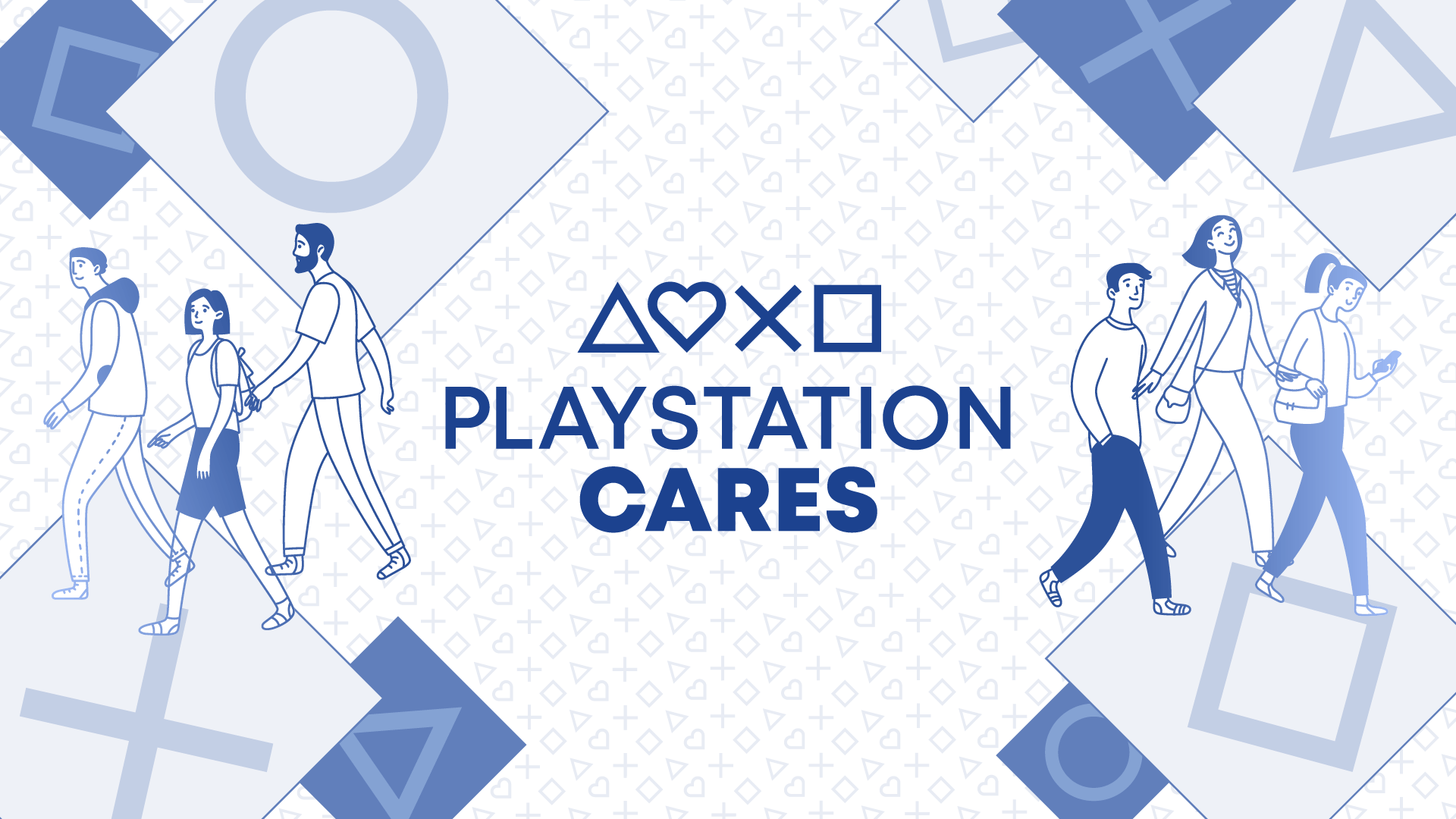 PlayStation Cares logo on a white and blue background with illustrations of people walking